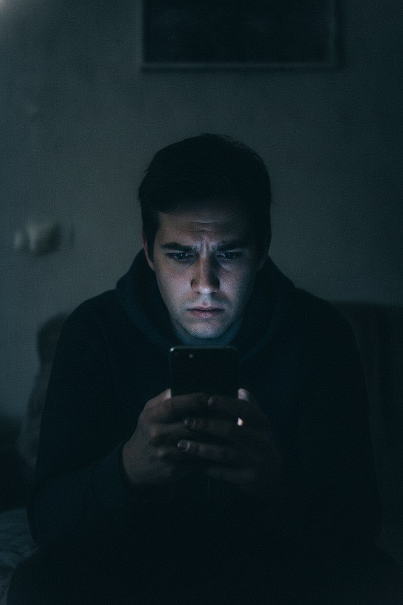 Persona revisando de noche la pantalla del teléfono con gesto de duda